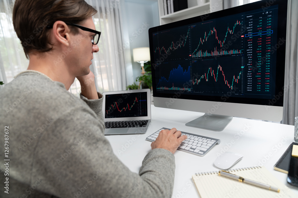 Poster business trader using computer and laptop to search highest profit value of dynamic increased stock 