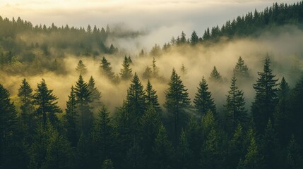 National Geographic Rolling fog over a dense pine forest in the early morning light.