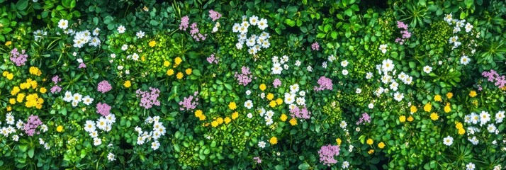 Vibrant floral meadow with daisies and wildflowers in lush greenery
