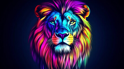 Vibrant colorful lion portrait with a dark background showcasing a modern artistic interpretation of the majestic animal.