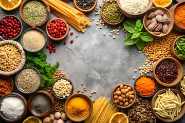 Diverse Selection of Spices, Grains, and Pasta for Culinary Inspiration