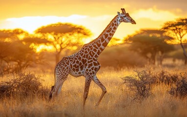 Obraz premium , National Geographic Towering Giraffe gracefully moving through golden African plains, acacia trees in the distance, warm sunset casting a glow