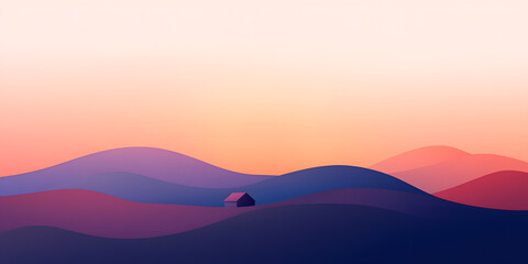 Remote home nestled among rolling hills, bathed in the warm glow of sunset. Peaceful, serene, and minimalist illustration of a cozy retreat.