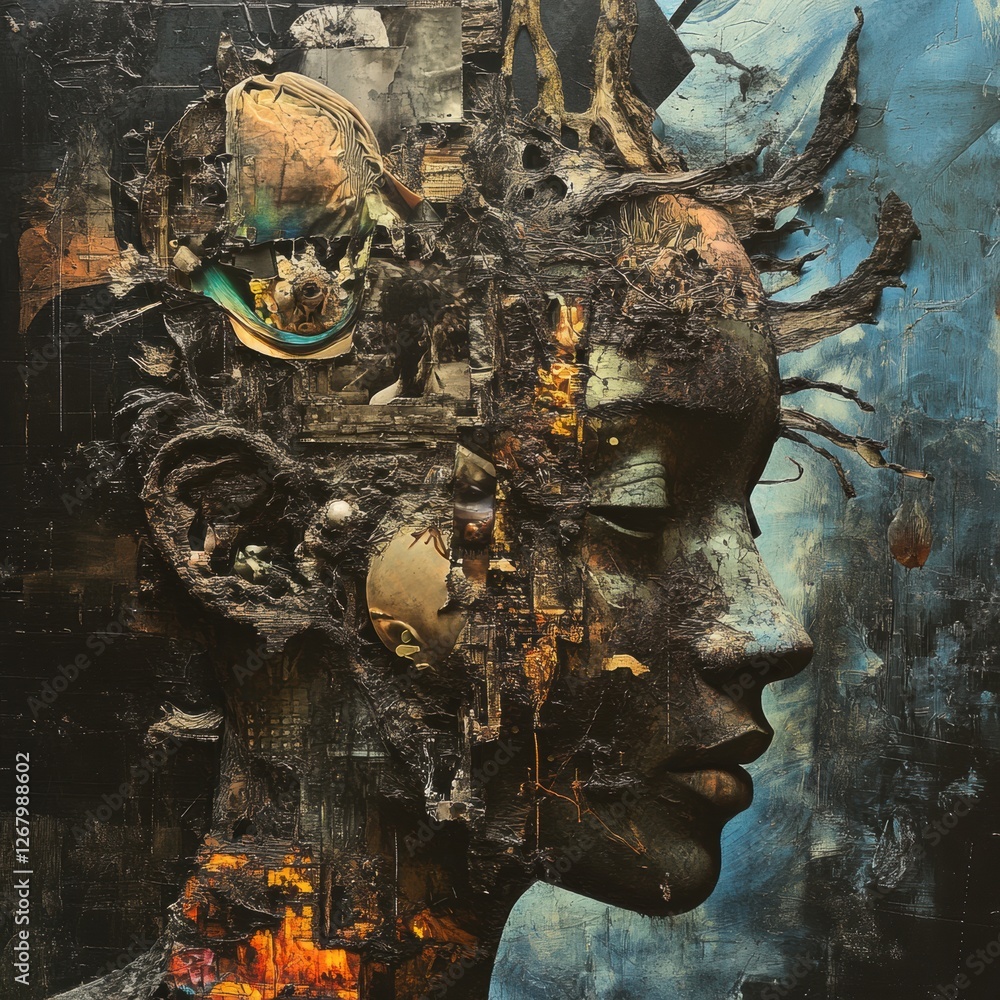 Poster artistic representation of a woman’s face integrated with various textures and colors reflecting com