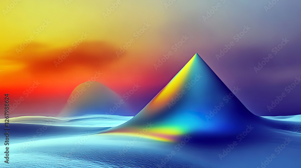 Poster monolithic forms rise from an endless haze, casting iridescent hues at the edge of reality