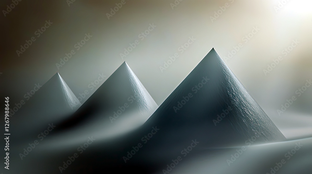 Poster iridescent forms rise from the haze, their shadows fading into nothingness
