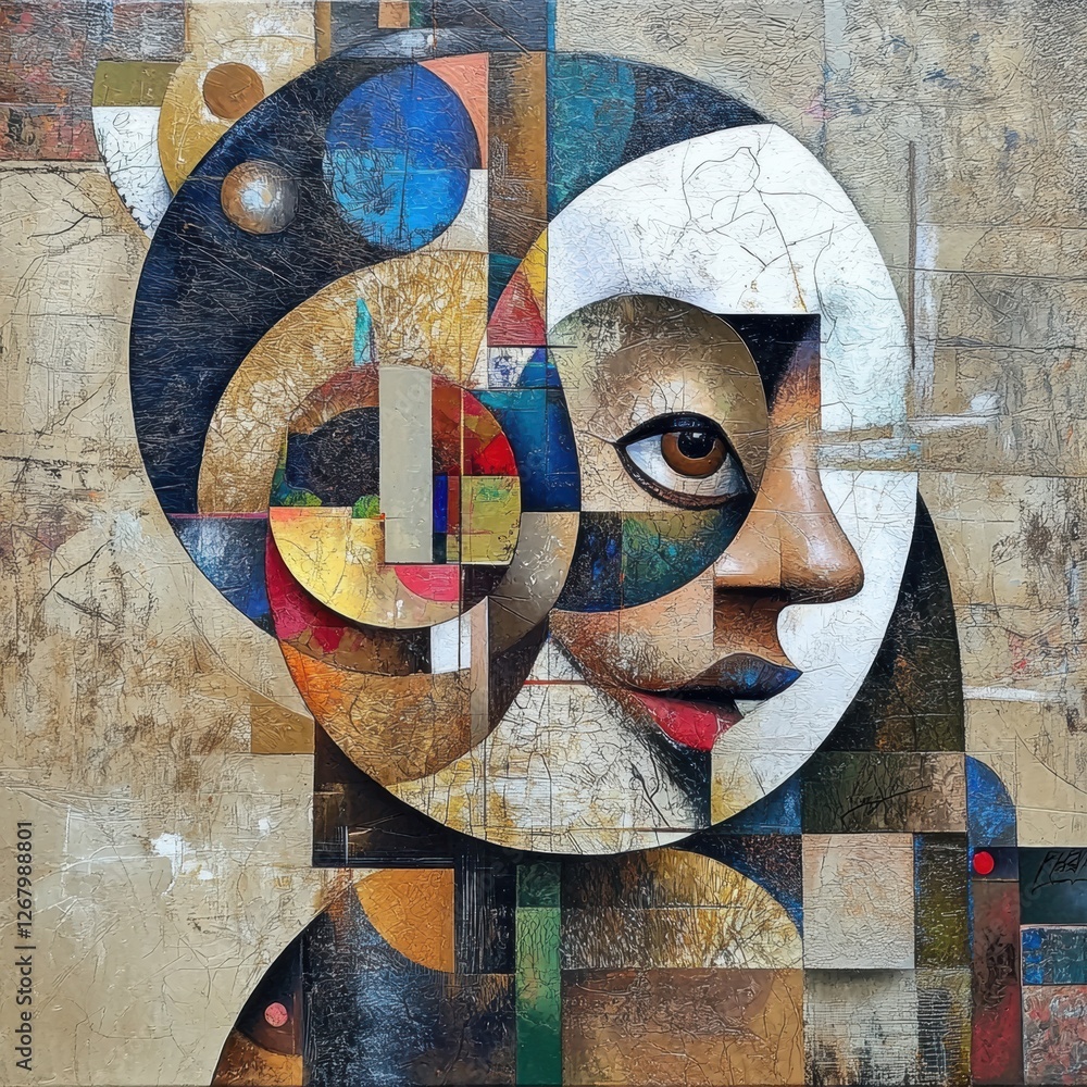 Poster unique abstract portrait blending shapes and colors depicts a human face with vibrant elements in ar