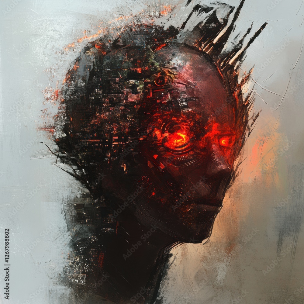 Aufkleber intricate digital art of a humanoid figure with glowing red eyes and a textured, fragmented surface.