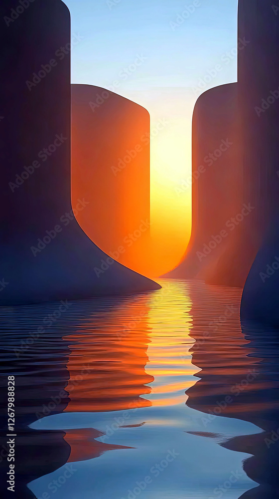 Poster mystical formations illuminate the horizon while shadows merge with ethereal waters at dusk