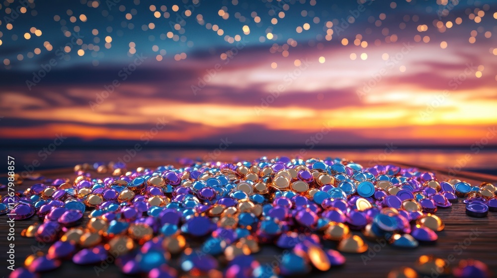 Poster a vibrant array of colorful gems scattered on a surface, set against a stunning sunset backdrop, shi
