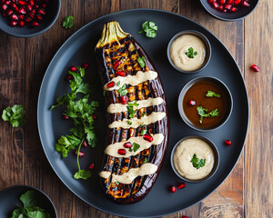 Grilled eggplant served with sauces and garnished with pomegranate seeds and herbs for a gourmet dish