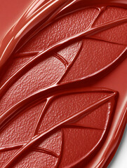 Glossy textured red substance with leaf-like veins and ridges forming a pattern.