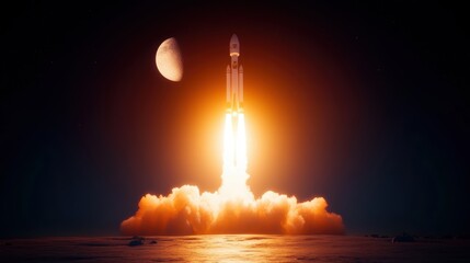 Fototapeta premium A rocket launches into space, illuminating the night sky near a moon.