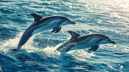 Fototapeta premium Playful dolphins leaping out of the turquoise ocean, splashes shimmering in the sunlight.