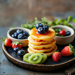 Delicious stack of mini pancakes topped with fresh berries and kiwi, served on a rustic plate.