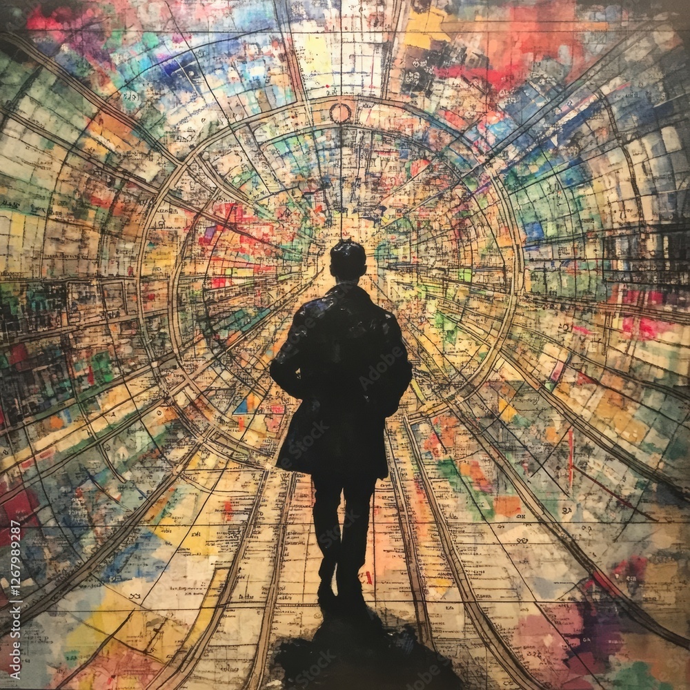 Poster a person walks through a vibrant, swirling tunnel of colors and patterns, highlighting an abstract j
