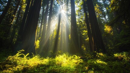 Fototapeta premium Towering redwood forest with sunlight piercing through the dense canopy, illuminating the mossy forest floor.