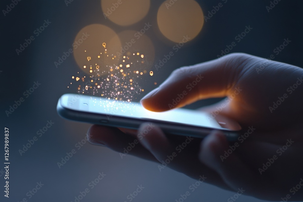Poster hand using smartphone with digital data stream