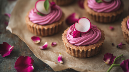 Beautifully decorated canap&eacute;s with purple cream and flower petals on a rustic wooden table.