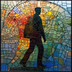 Obraz premium Colorful stained glass artwork depicting a silhouette of a man walking with a briefcase against an abstract backdrop. Generative AI