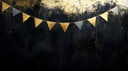 un fondo negro con dorado con textura pintada en acuarela desvanecido con espacio de copia con banderines color dorado con plateado para tarjeta de cumpleaños elegante o invitacion