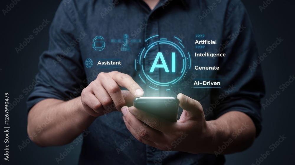 Poster man interacts with ai technology on a smart phone device