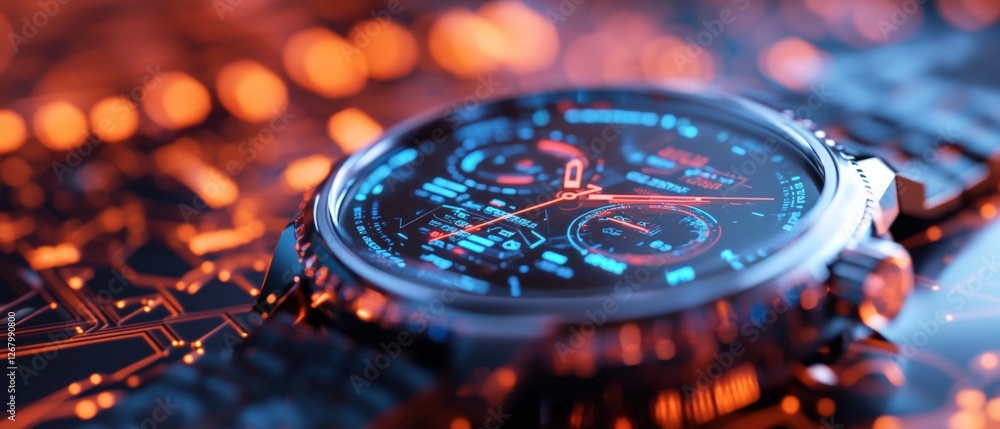 Poster futuristic smartwatch with advanced interface on circuit board.