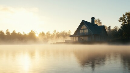 Lakeside A Frame Cabin Sunrise Mist