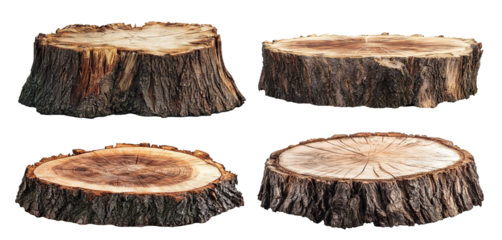 Set of tree stumps with visible rings, isolated on transparent cutout background