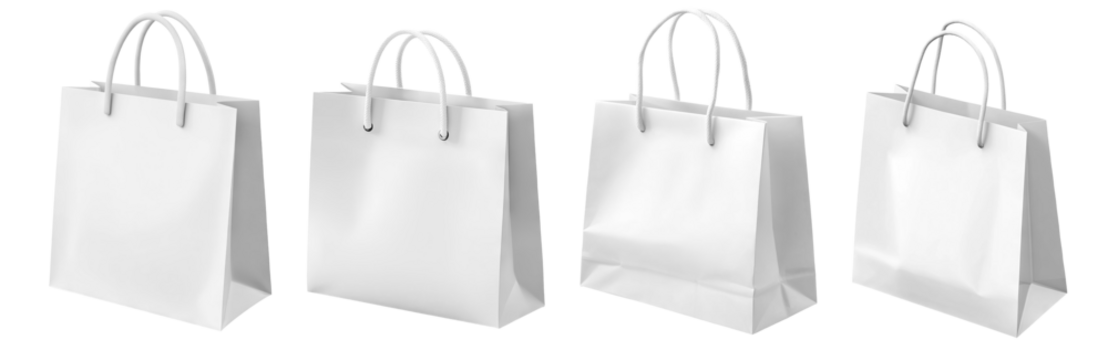 Set of white shopping bags with handles, isolated on transparent cutout background