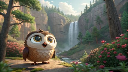 Fototapeta premium Charming owl character enjoys nature by majestic waterfall fantasy landscape animated scene vibrant environment