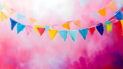 banderines de colores decorativos sobre un fondo rosa pintado en acuarela o acrilico desvanecido con espacio de copia para diseño de invitacion de cumpleaños o plantilla