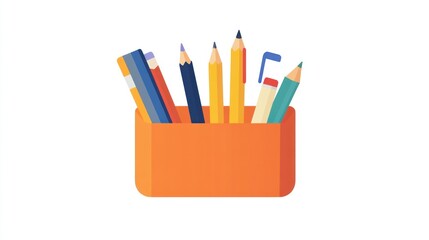 Fototapeta premium Colorful pencils in orange holder, office supplies, white background, stationery