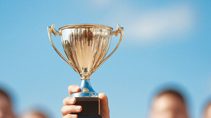 Victory celebration with a shining trophy held high under a clear blue sky after a competitive sports event