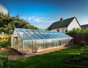 a greenhouse is in a yard with a house in the background