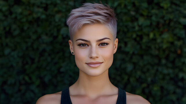 Portrait of a woman with short pixie cut hair, smiling softly. Natural light and a lush green backdrop create a serene, intimate feel.