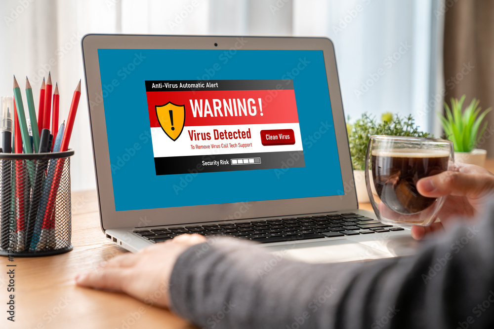 Poster virus warning alert on computer screen detected modish cyber threat , hacker, computer virus and mal
