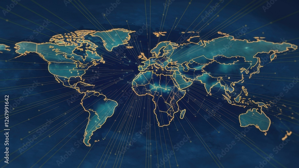 Aufkleber world map depicting global connections and networks with radiating lines