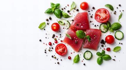Raw tuna steaks with fresh herbs, cherry tomatoes, and cucumber slices.  A vibrant and healthy meal prep.