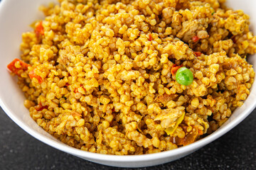 boulgur quinoa dish vegetables vegetarian dish vegetable food fresh tasty food dish gourmet food background on the table rustic food top view copy space 