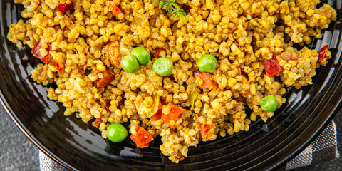 boulgur quinoa dish vegetables vegetarian dish vegetable food fresh tasty food dish gourmet food background on the table rustic food top view copy space 