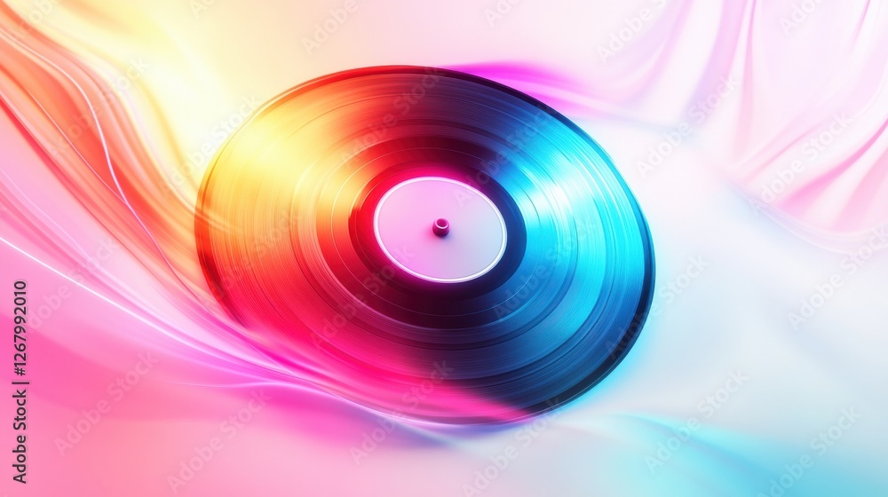 Poster colorful vinyl record spinning on a smooth surface with vibrant light effects and abstract backgroun