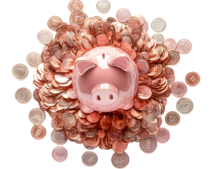 A pink piggy bank surrounded by scattered coins, symbolizing savings and budgeting.