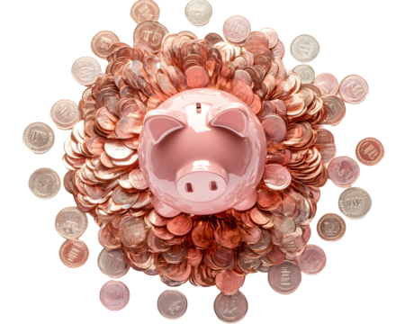 A pink piggy bank surrounded by scattered coins, symbolizing savings and budgeting.