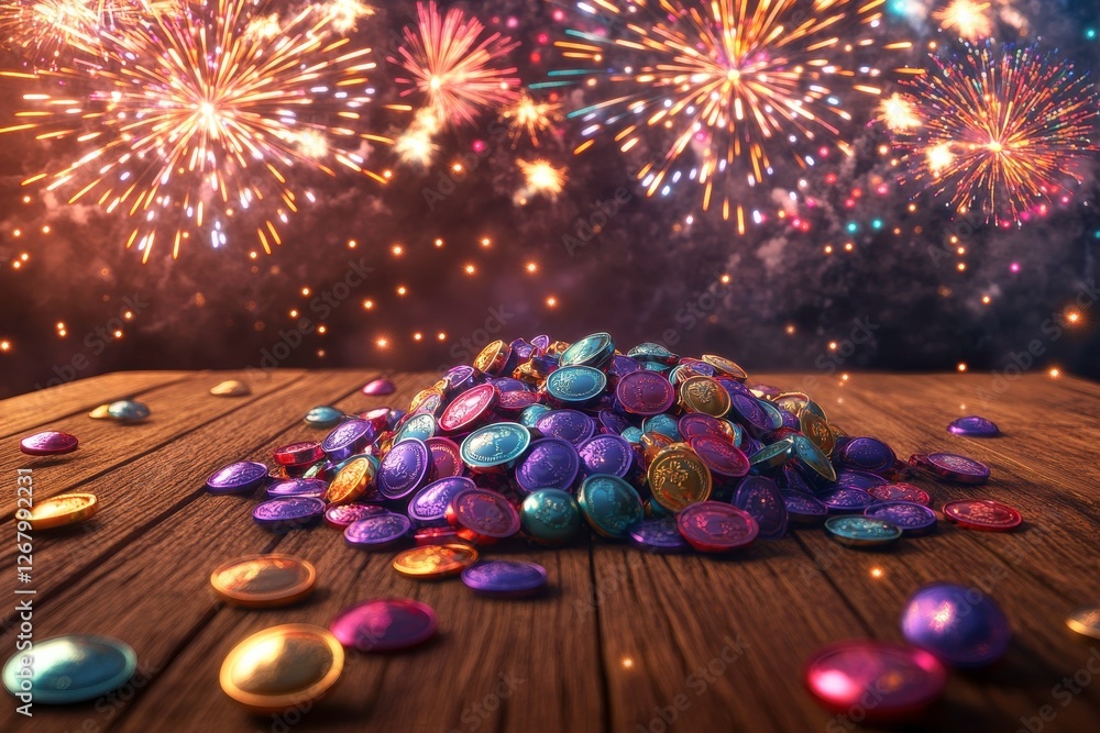 Poster a vibrant display of colorful buttons on a wooden surface, illuminated by festive fireworks in the b