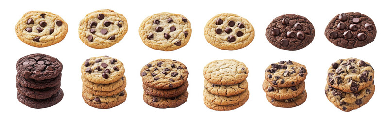 Chocolate chip cookies stacks assorted baked sweets perfect for snacks transparent background