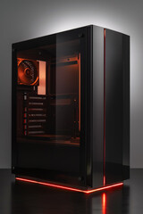 Fototapeta premium PC Case: Sleek black pc tower. Minimalist, contemporary and modern design. Glass panels and dark steel frame. Red RGB lighting. Industrial design. Computer hardware design concept.