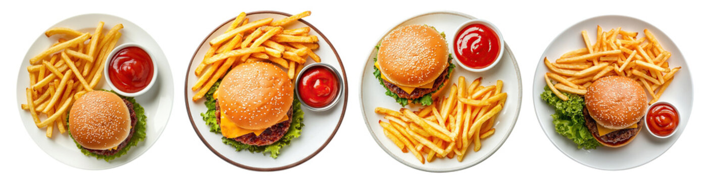 Set of delicious cheeseburgers with crispy French fries and ketchup, isolated on transparent cutout background