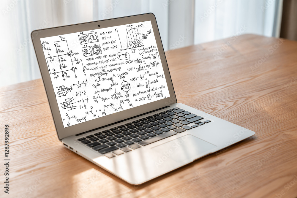 Poster mathematic equations and modish formula on computer screen showing concept of science and education
