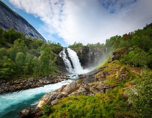 Fototapeta premium skrelifallan waterfall surroundings skrelia lyngdal norway